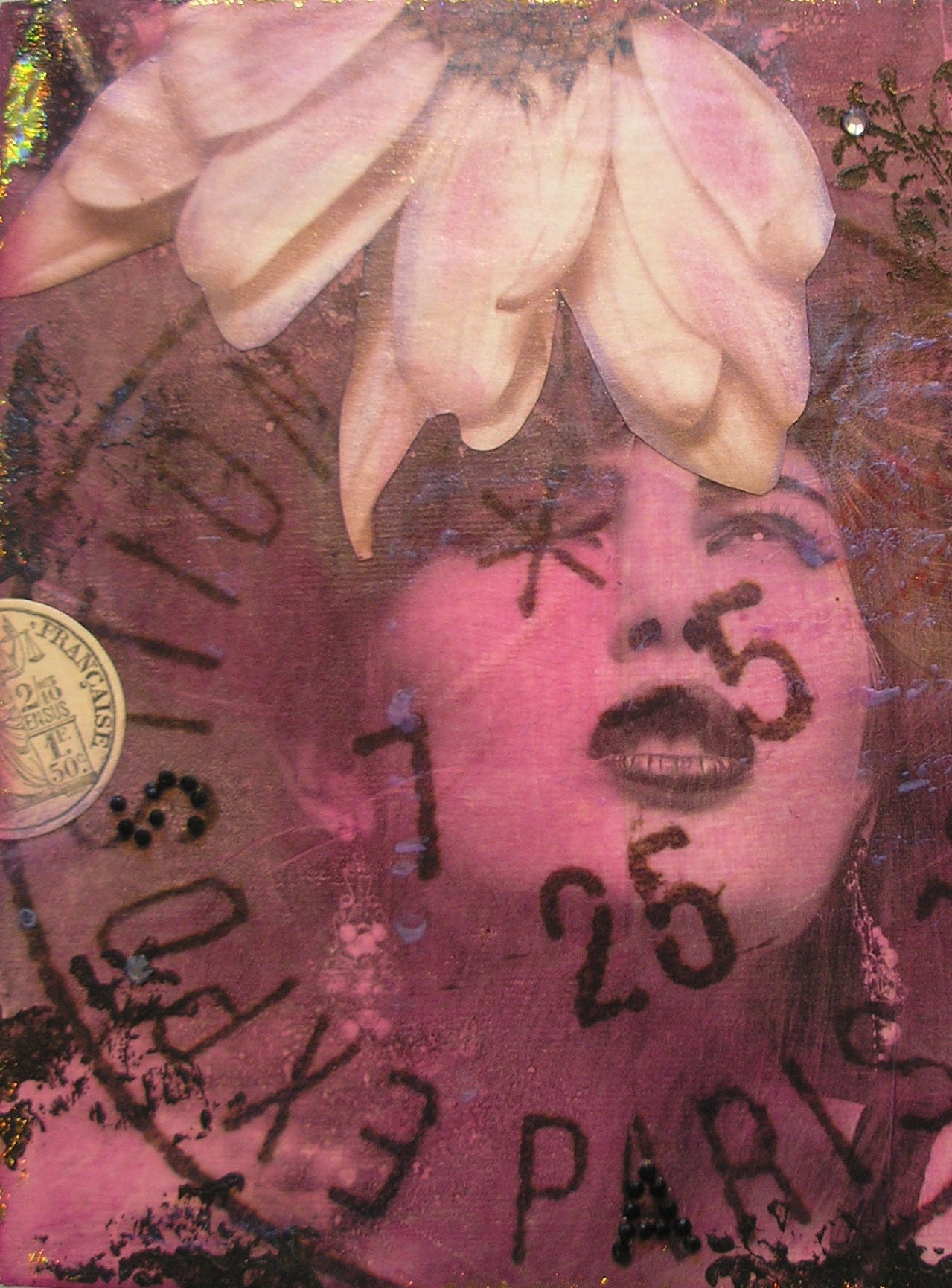 MYSTIQUE Original Surreal Mixed Media 6x6 inch Fashion Collage Art Canvas in Fuchsia and Black with Swarovski Crystals