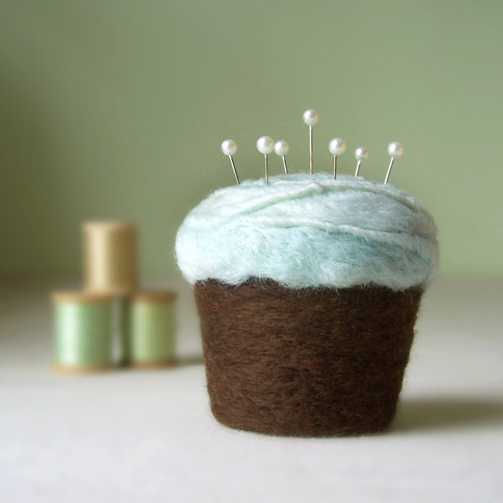 Pincushion - Felted Cupcake in Ice Blue and Chocolate Brown