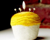 Pincushion - Felted Wool Cupcake, Yellow and White