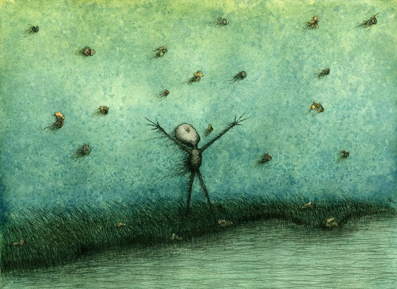 Building Oceans Over Vacant Fields 5x7fine art giclee print reproduction of an original watercolor and ink illustration