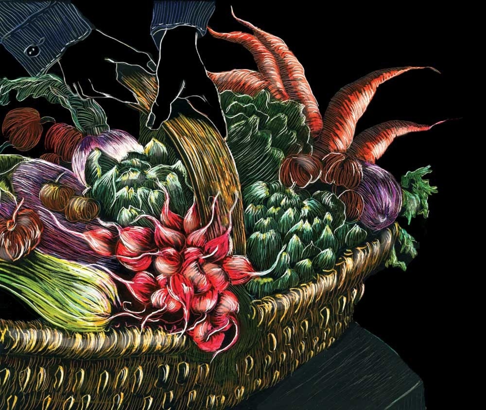 Basket of Scratchboard Vegetables