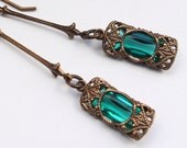 Stained Glass Window Dangles in Emerald - Czech Revival Vintage Glass Earrings