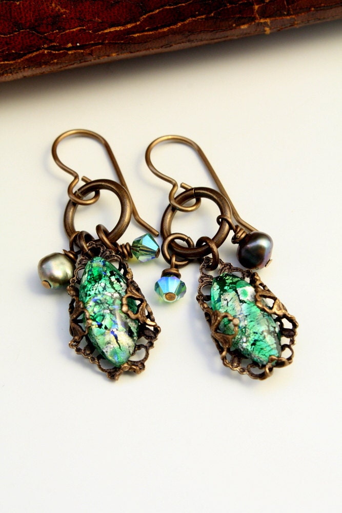 Good Things Come in 3s - Green Opal Harlequin Czech Vintage Glass Earrings