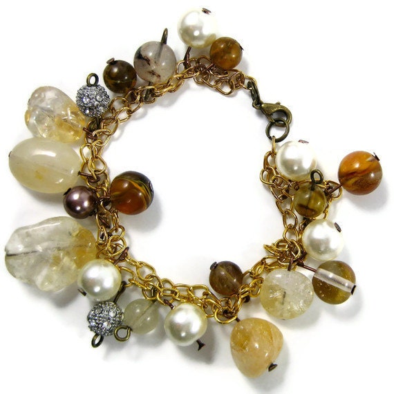 Bauble Bracelet, Statement Bracelet, Chunky Jewelry, Charm Bracelet, Stone, Pearl and Rhinestone, Gold Chain, Mediterranean Jewelry
