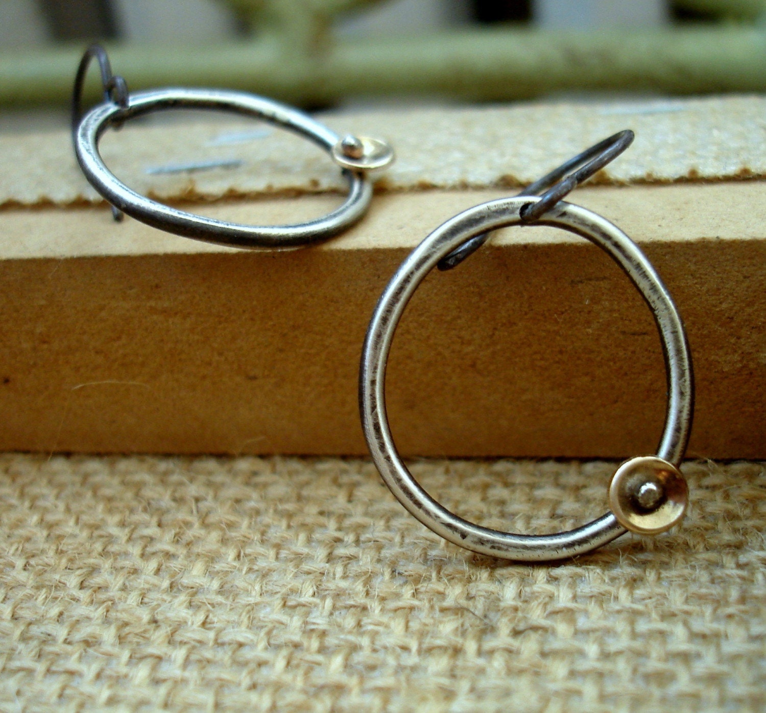 Golden Pebble Mixed Metal Circle Earrings FREE SHIPPING - statement jewelry 14K gold fill disc rivet recycled silver