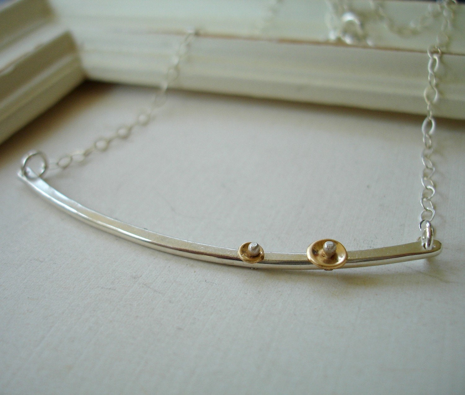 Simple Double Disc Bar Necklace FREE SHIPPING- Recycled Silver and 14k gold filled riveted discs
