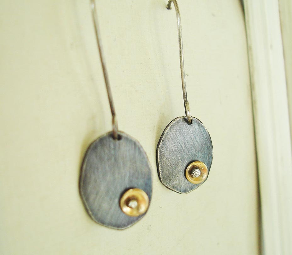 Organic Oxidized Recycled Silver 14K goldfill earring FREE SHIPPING disc long dangle