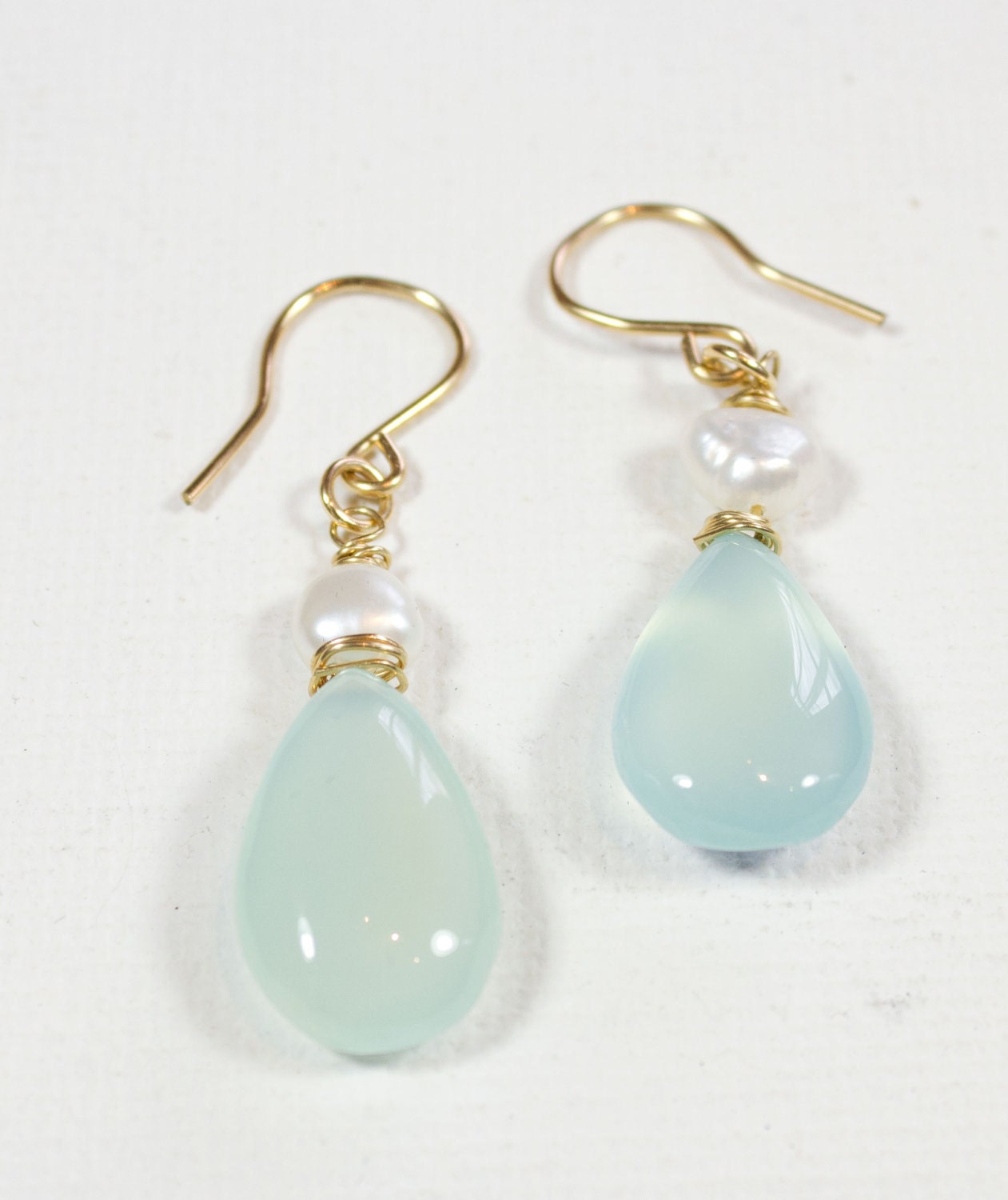 Bridal Set of 5 Aqua Blue Chalcedony & Freshwater pearl earring in 14 K Gold Filled