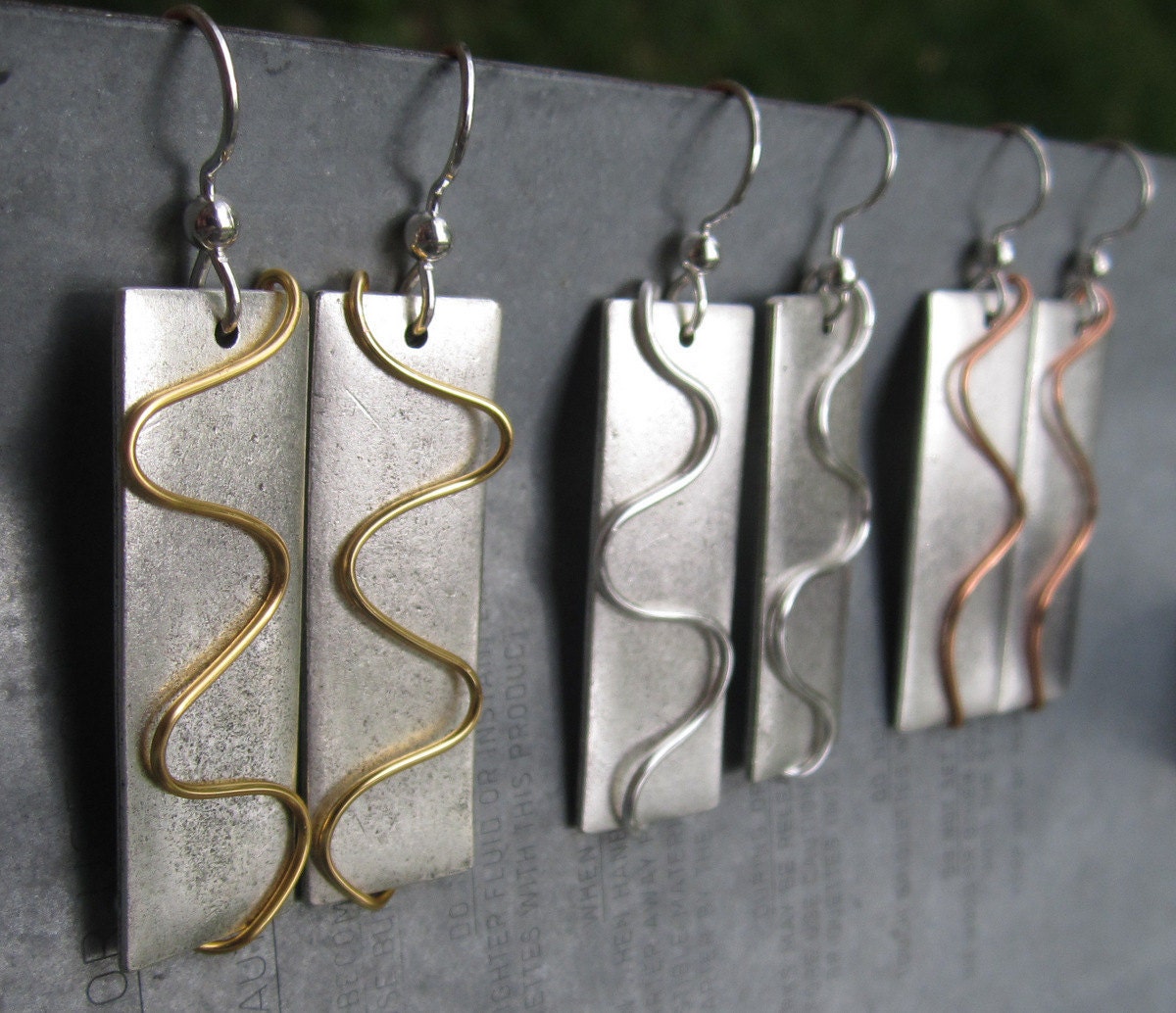 Mixed Metal Rectangle Copper Gold Silver Dangle Earrings