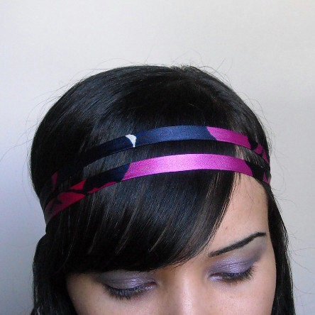 PINK and BLUE Flowered Silk Double 1/4 Inch Skinny Soft Fabric Headband