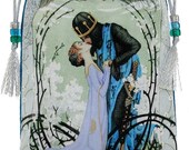 Knight and Lady. Drawstring bag in blue cotton velvet and satin print .