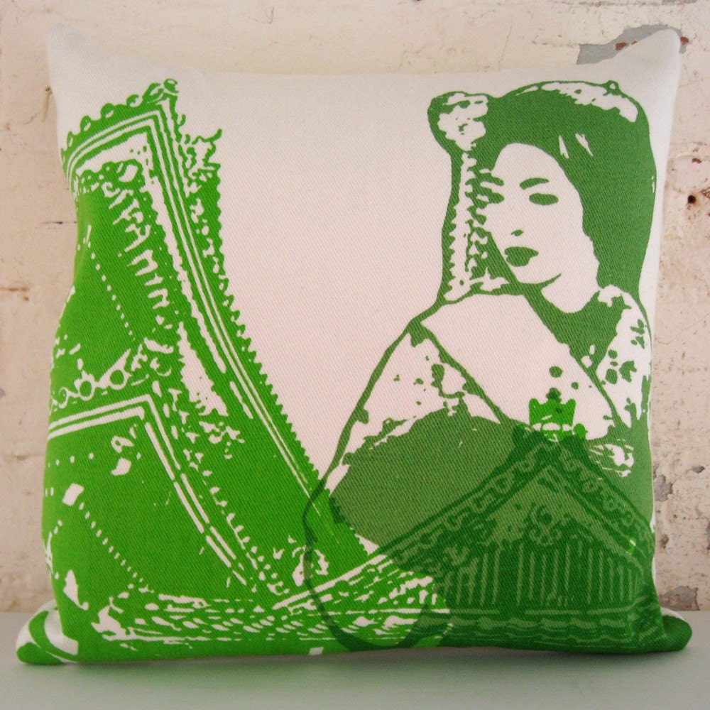 SALE - Organic I Heart Japan Pillow - Green Geisha