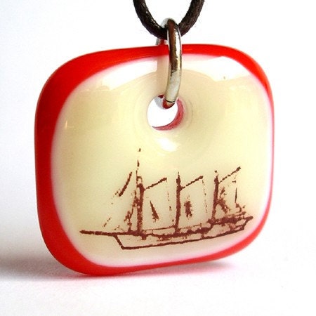 SALE / CLEARANCE : Sailing Ship. A fused glass pendant necklace.