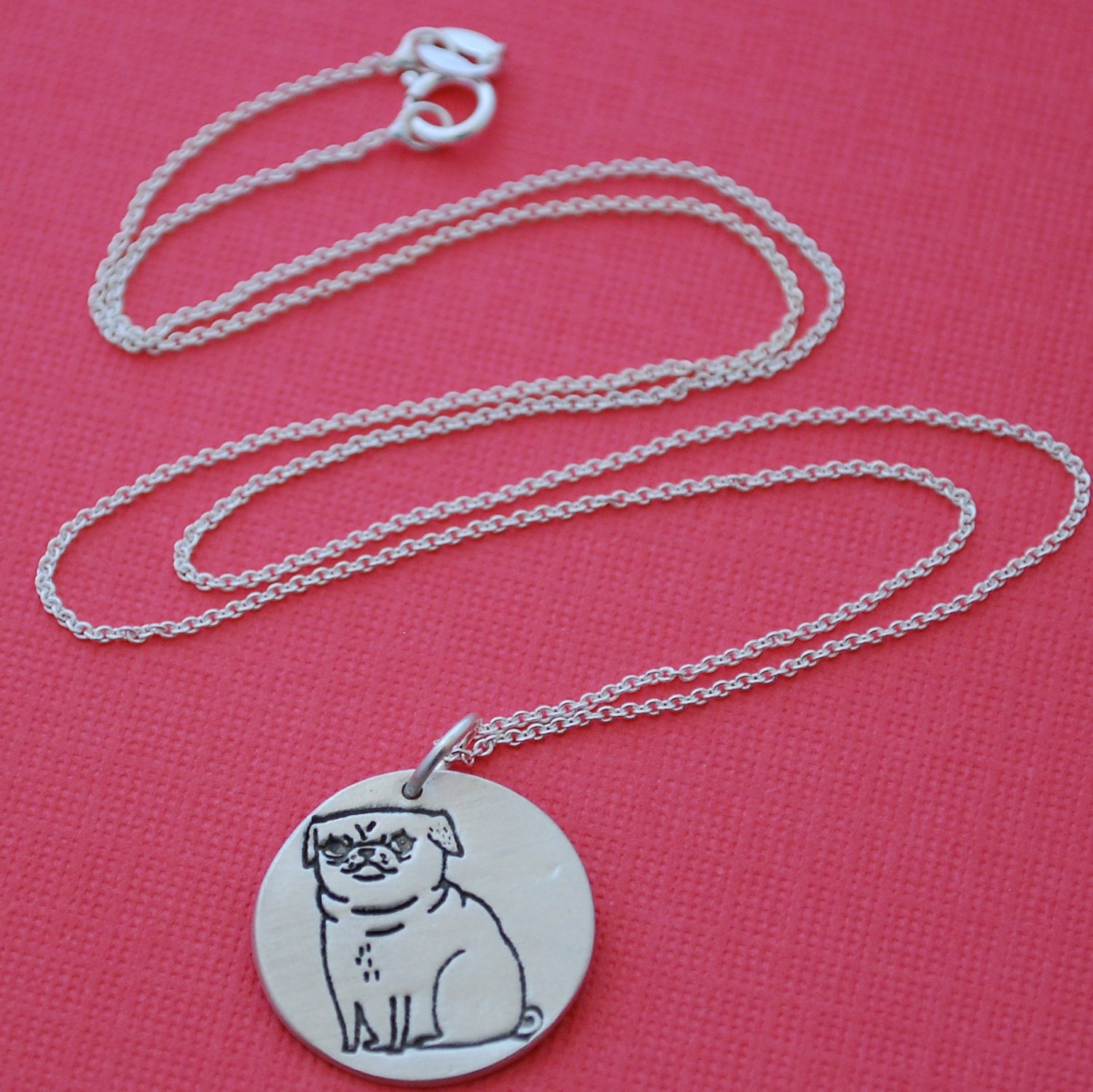 PUG necklace, pickles the pug, illustration by GEMMA CORRELL, eco-friendly reclaimed silver, handcrafted by Chocolate and Steel