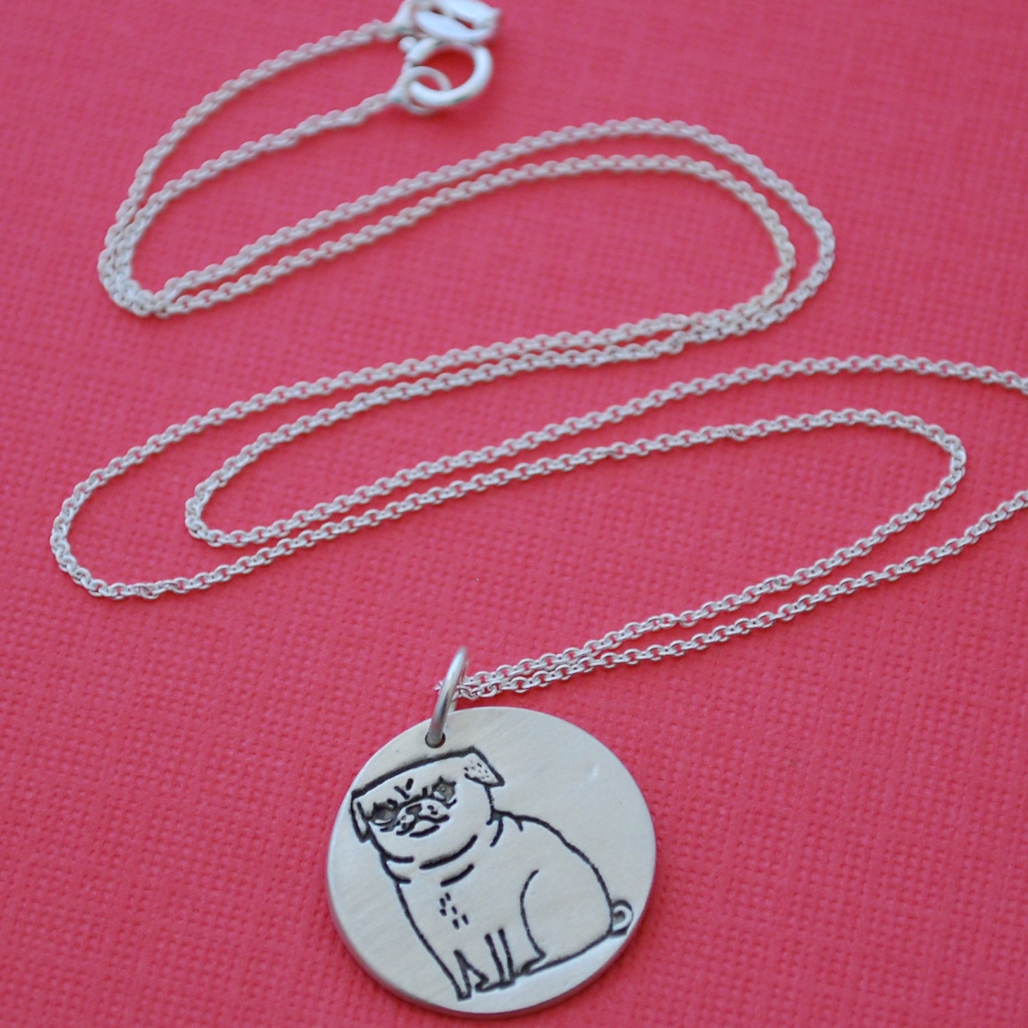 PUG necklace, pickles the pug, illustration by GEMMA CORRELL, eco-friendly reclaimed silver, handcrafted by Chocolate and Steel