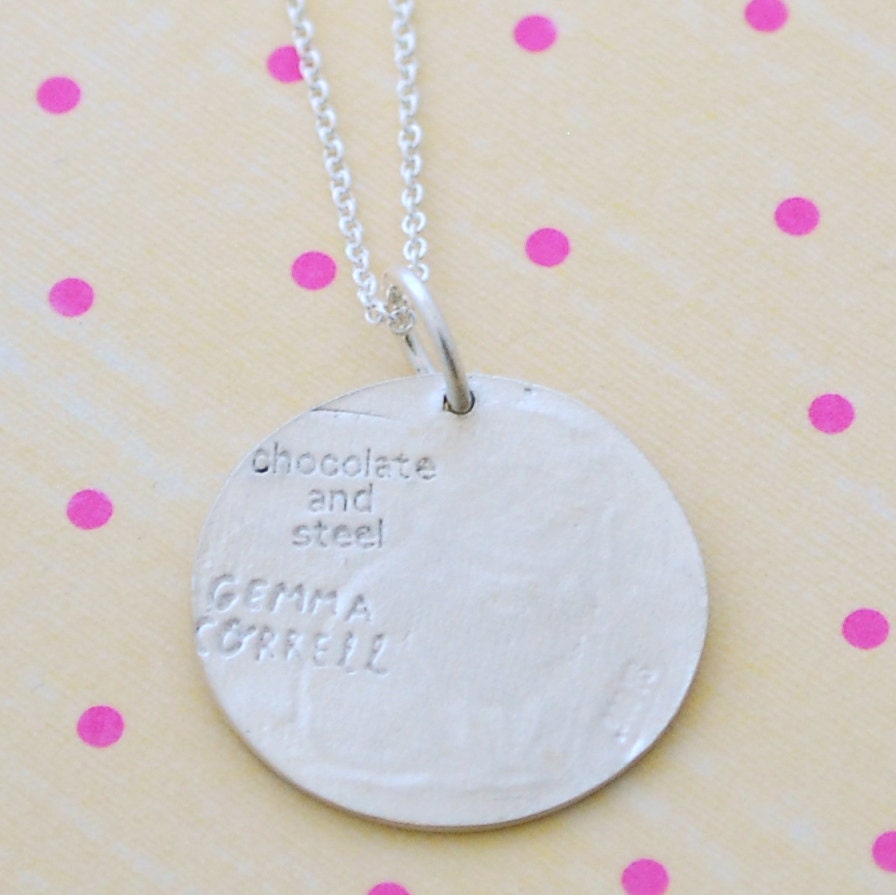 PUG necklace, pickles the pug, illustration by GEMMA CORRELL, eco-friendly reclaimed silver, handcrafted by Chocolate and Steel
