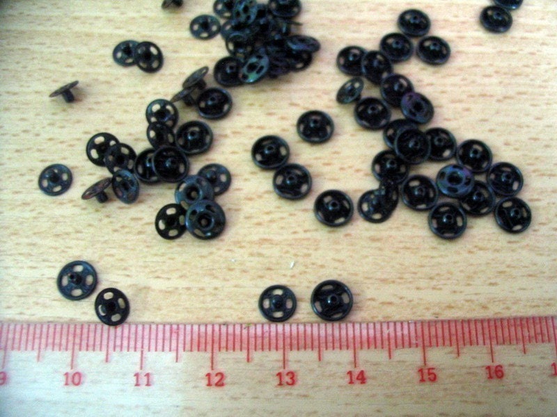 Tiny black metal sew-on snaps buttons 6 mm. 36 sets for making Barbie, Blythe and dolls clothes