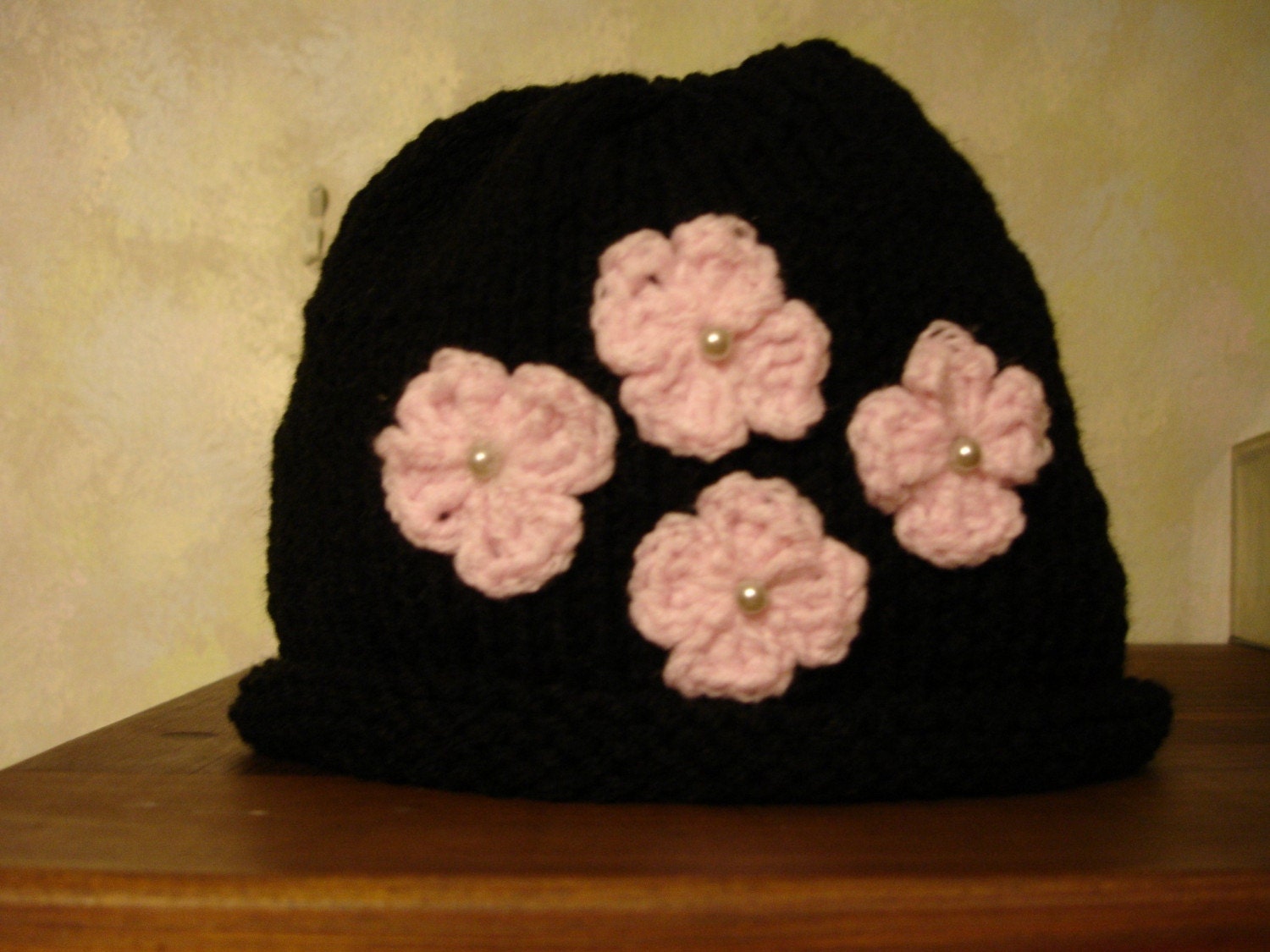 Hand Knit Black Hat with Pink Flowers and  Cream Pearls 