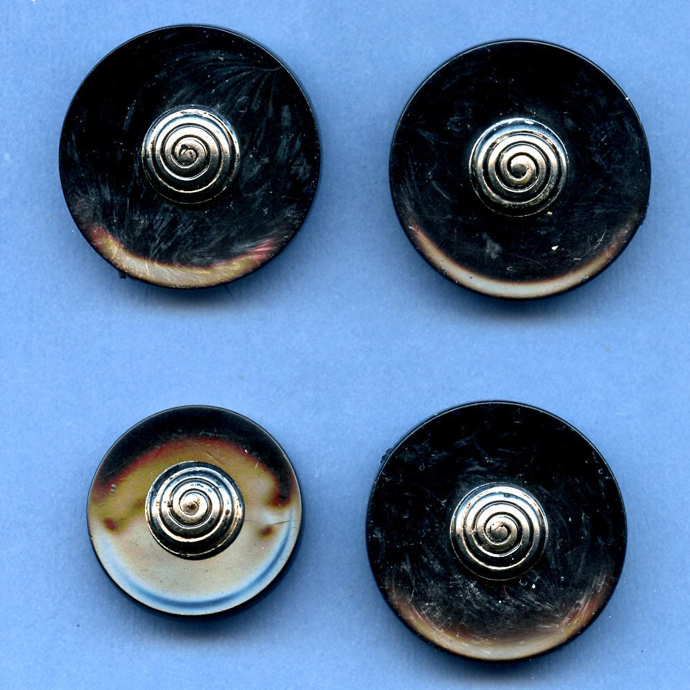 BLACK  with Silver Vintage Buttons Set of 4 Matching Large  Plastic Metal Embellishment 1 1/16 and 1 1/4 inch size 7518