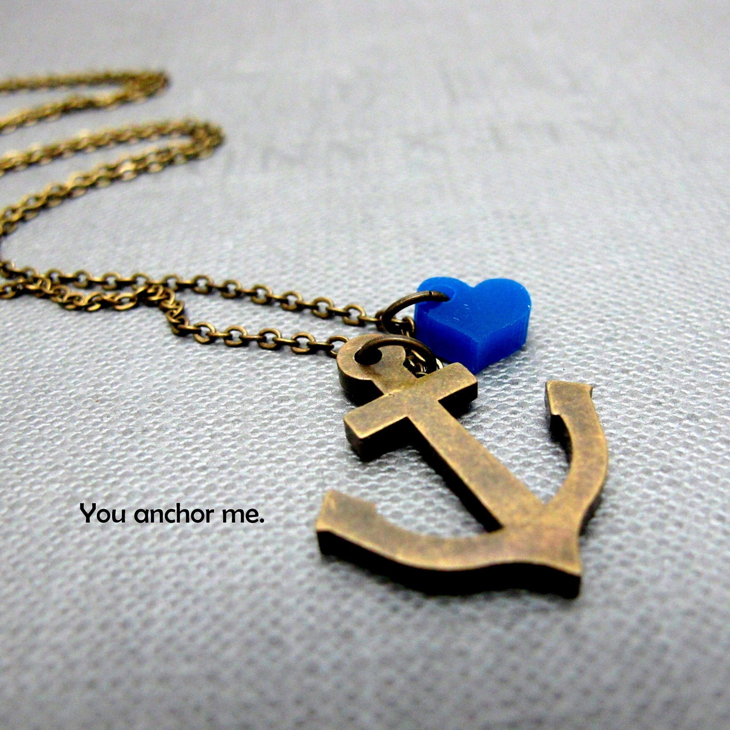 Brass Anchor with Love Nautical Necklace // Brass Anchor Charm // Tiny Blue Acrylic Heart // 17" Brass Chain