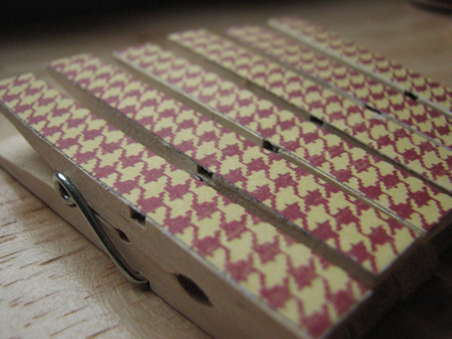 SALE - Set of 12 - Pretty Decoupaged Clothespin Clips - Brick and Cream Houndstooth