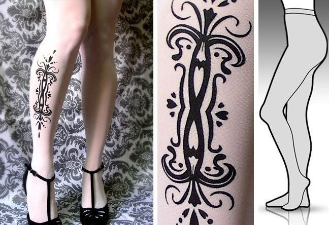 l/xl sexy TATTOO 01 tights / stockings / full length / pantyhose / nylons WHITE