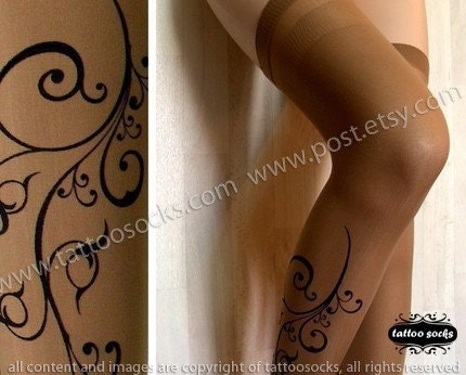 XS/S/M sexy FLORA TATTOO thigh-high socks cafe latte