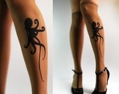 sexy OCTOPUS TATTOO knee-high stockings / nylons Cafe Latte