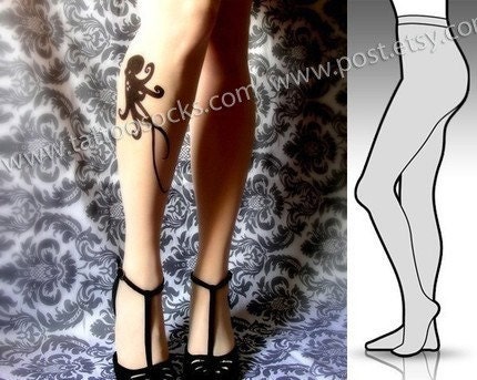 s/m sexy OCTOPUS tattoo tights / stockings /  full length /  pantyhose / nylons ULTRA PALE