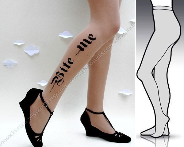 l/xl sexy HALLOWEEN BITE ME tattoo tights / stockings/ full length / pantyhose / nylons light mocha