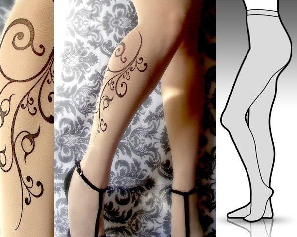 Small/ Medium sexy FLORA tattoo tights / stockings / full length / pantyhose / nylons ULTRA PALE