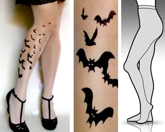 Small/ Medium  sexy BATS tattoo tights / stockings/ full length / pantyhose / nylons ULTRA PALE