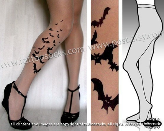 l/xl sexy BATS tattoo tights / stockings/ full length / pantyhose / nylons LIGHT MOCHA