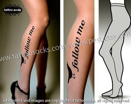Small/ Medium   sexy, funny and flirty FOLLOW ME twitter tattoo tights / stockings /  full length  / pantyhose / nylons Deep Mocha