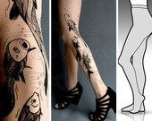 new: S/M sexy Aquarium tattoo tights / stockings/ full length / pantyhose / nylons LIGHT MOCHA