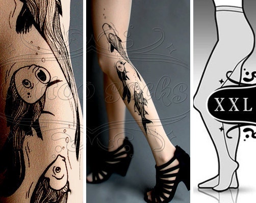 new: plus size XXL sexy Aquarium tattoo tights / stockings/ full length / pantyhose / nylons LIGHT mocha