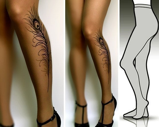 Large/ Extra Large sexy PEACOCK FEATHER TATTOO  tights / stockings full length pantyhose Cafe Latte