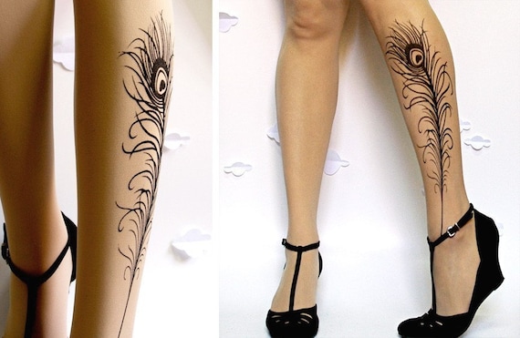 PEACOCK FEATHER TATTOO gorgeous and elegant knee high stockings Ultra Pale