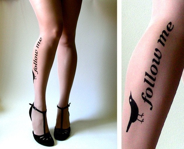 XS-S-M sexy, funny and flirty FOLLOW ME twitter TATTOO thigh-high stockings LIGHT MOCHA