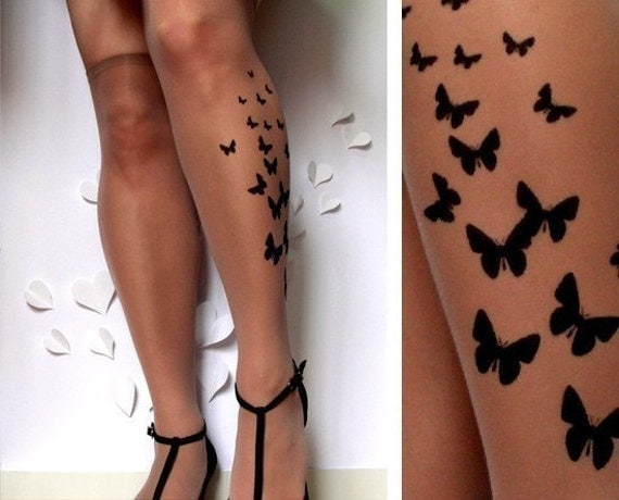sexy butterfly TATTOO knee-high socks DEEP MOCHA