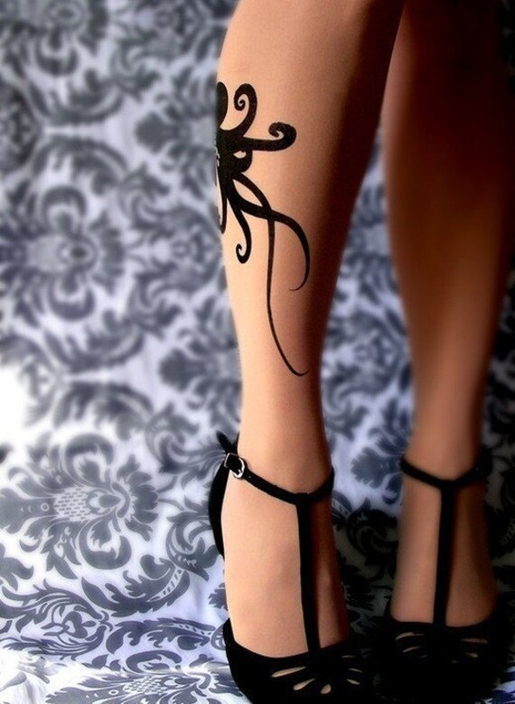 sexy OCTOPUS Tattoo knee-high socks LIGHT MOCHA