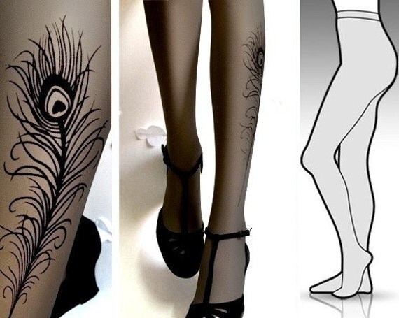 Large/ Extra Large gorgeous PEACOCK FEATHER tattoo tights / stockings / full length / pantyhose / nylons GREY