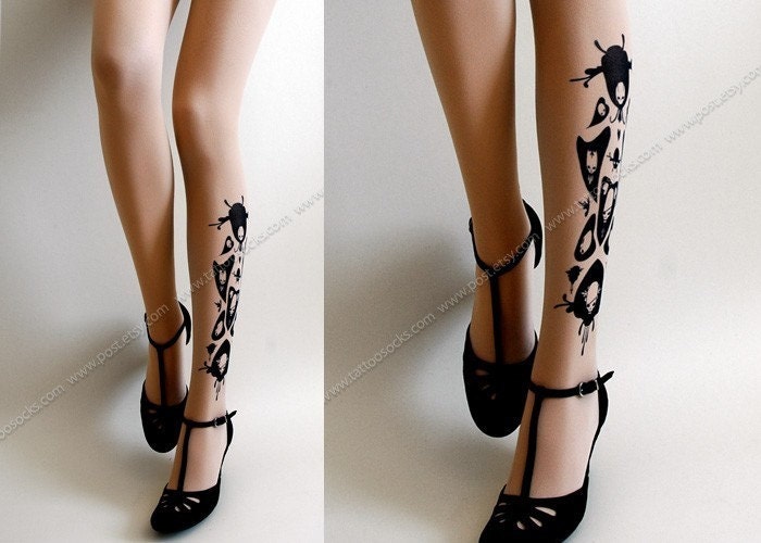 sexy SKULLS and HEARTS TATTOO thigh-high socks light mocha xs/x/m