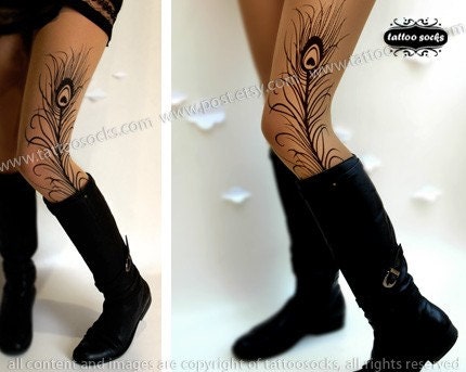Small/Medium sexy MINI and BOOTS peacock FEATHER tattoo stockings / full length / pantyhose / nylons Cafe Latte