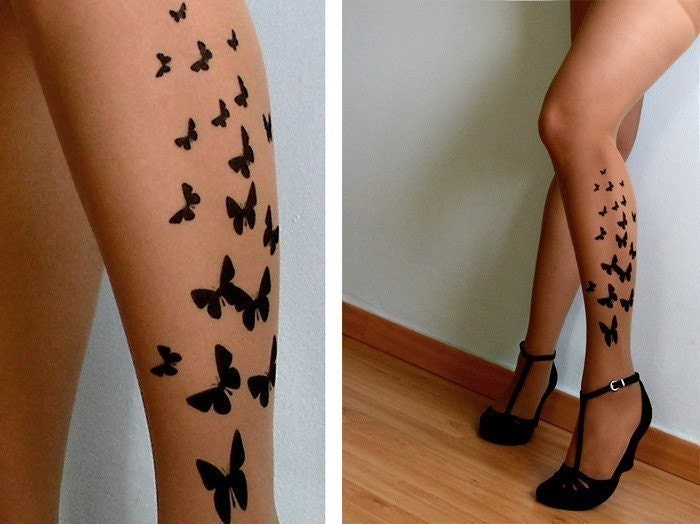sexy BUTTERFLY TATTOO thigh-high socks cafe latte