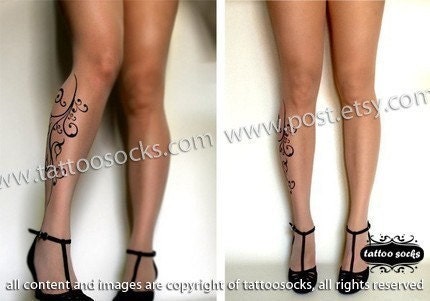 Large/Extra Large sexy FLORA tattoo tights / stockings full length pantyhose LIGHT MOCHA