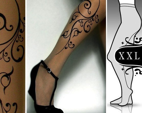 plus size xxl sexy FLORA tattoo tights / stockings / full length / pantyhose / nylons CAFE LATTE
