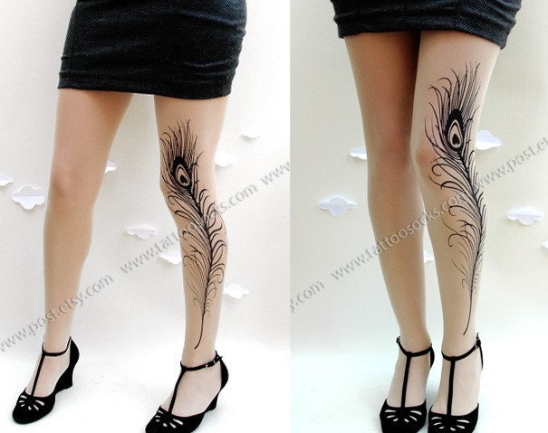 Small/Medium gorgeous MINI and BOOTS peacock FEATHER tattoo tights / stockings/ full length / pantyhose / nylons Ultra Pale