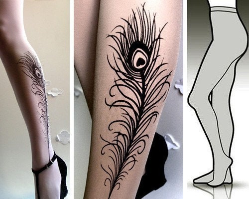 s/m sexy PEACOCK FEATHER tattoo tights / stockings / full length / pantyhose / nylons WHITE