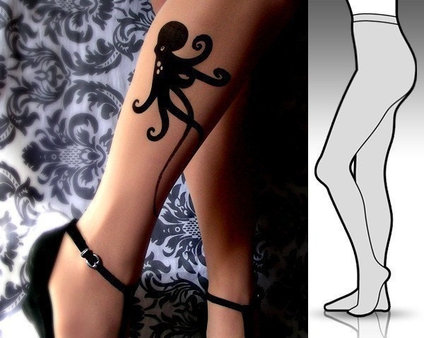 l/xl sexy OCTOPUS tattoo tights / stockings/ full length / pantyhose / nylons LIGHT MOCHA